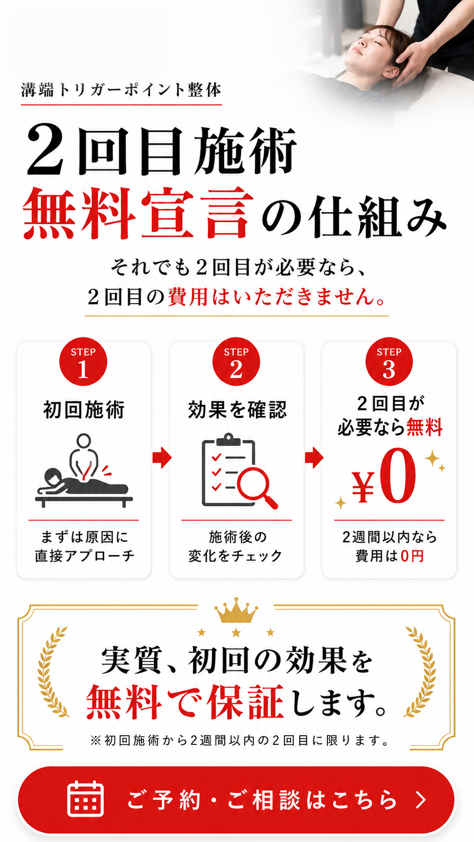 2回目施術無料宣言の仕組み。初回施術、効果を確認、2回目が必要なら2週間以内は無料。